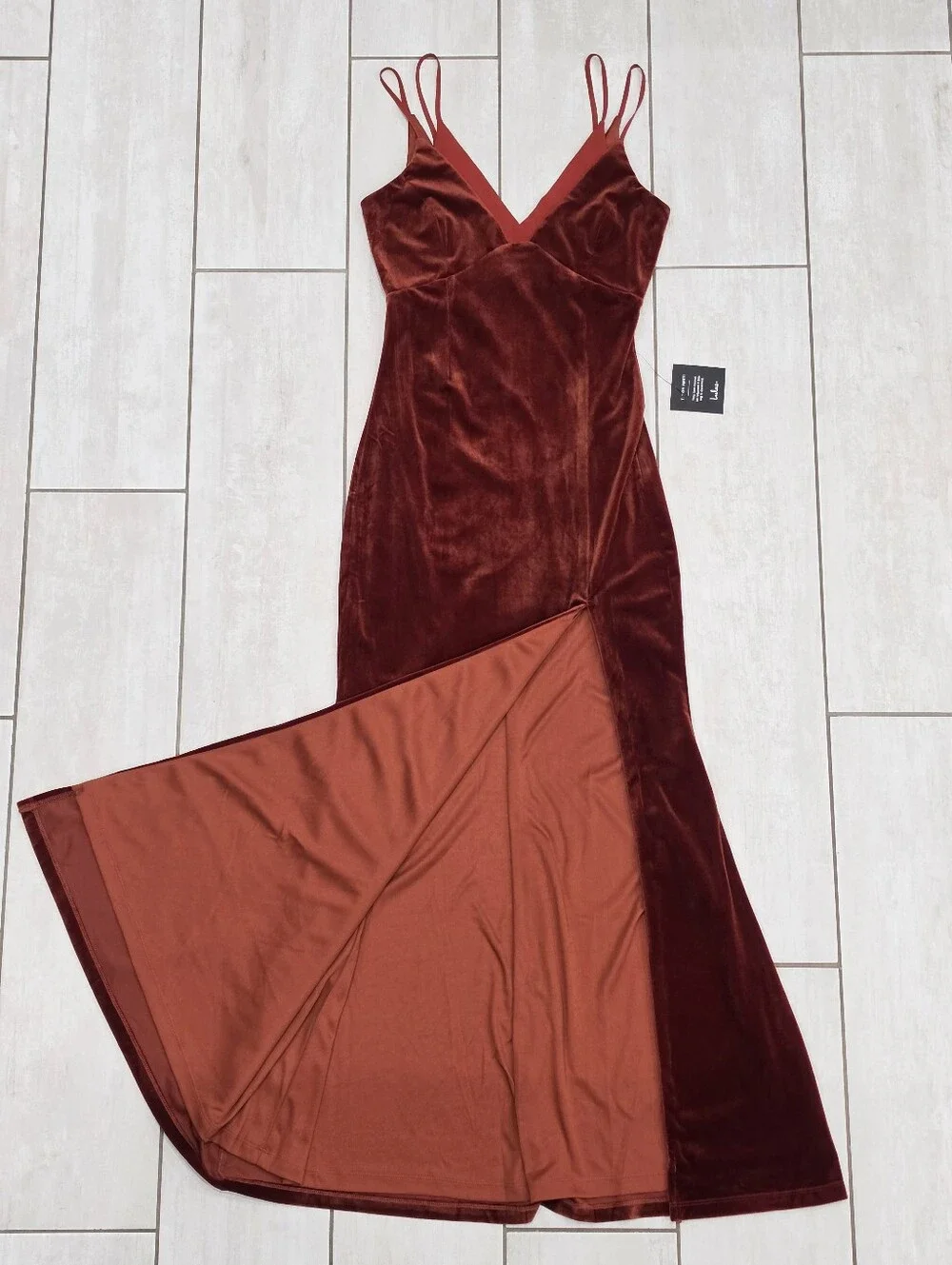 NWT LULUS Immensely Glam Rust Red Velvet Backless Maxi Dress Slit